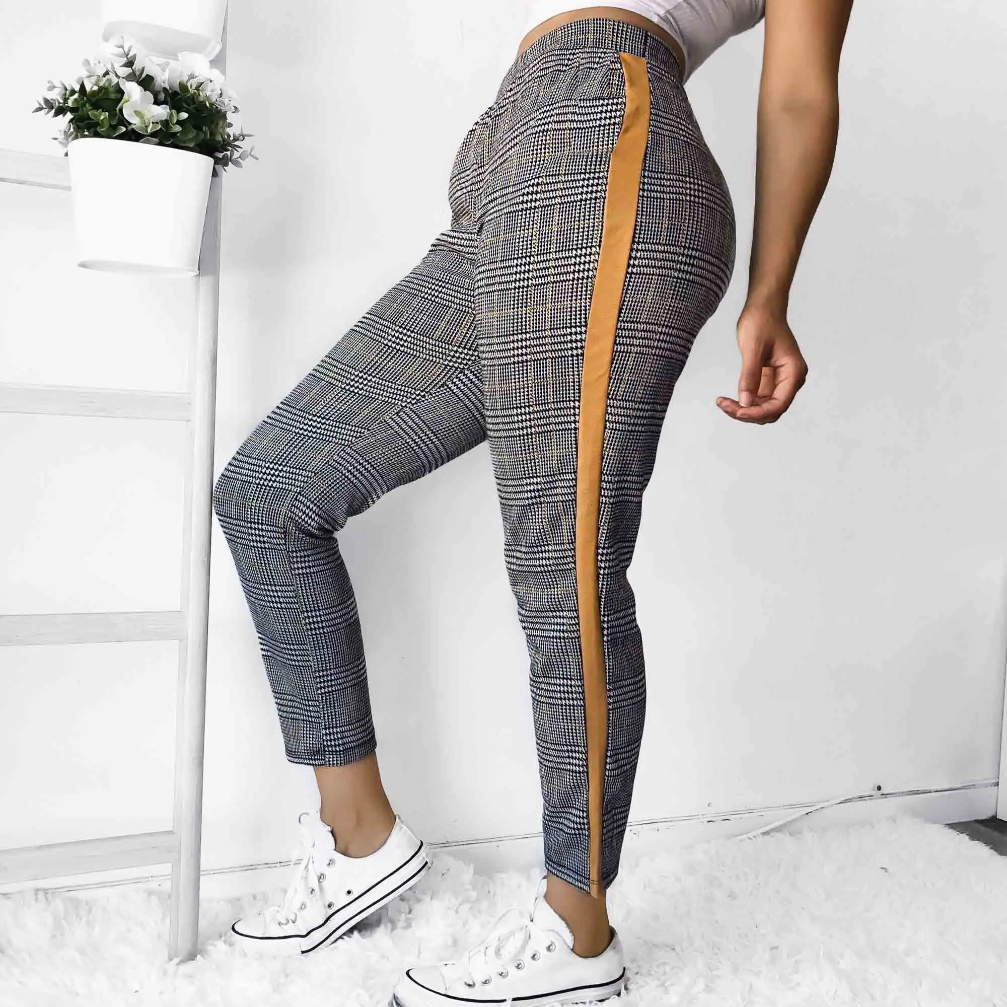 

2019 New Arrival Women High Waist Skinny Plaid Pants Casual Trousers Stretch Denim Leggings Jeggings