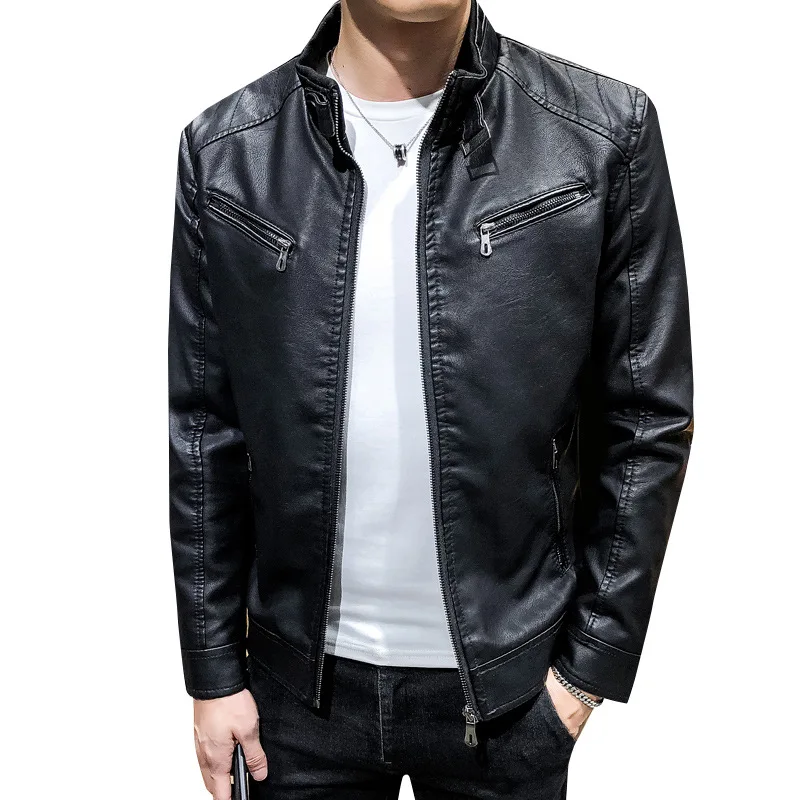 Мужская кожаная куртка осень-зима с воротником-стойкой на молнии коричневая из