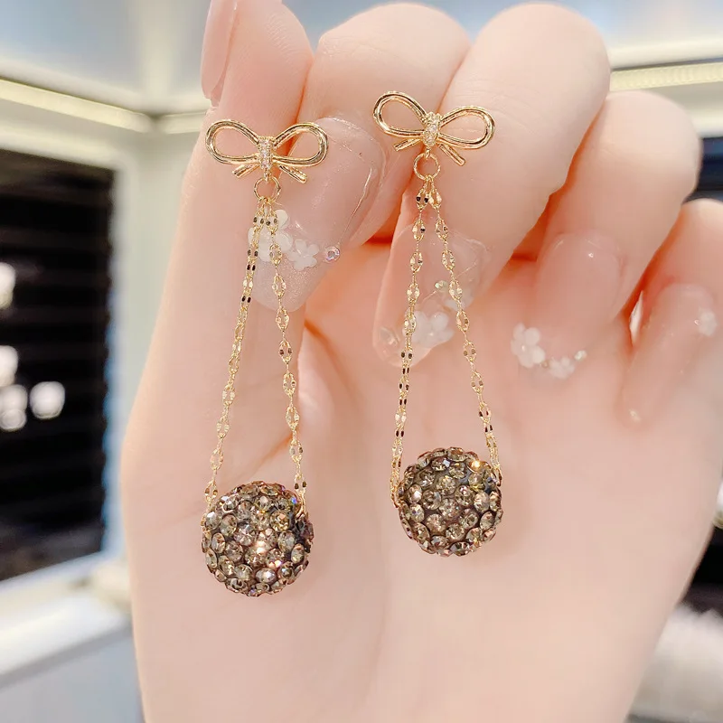 

S925 Silver Needle Japan South Korea Bow Design Sense Rhinestone Ball Decoration Face Earrings Temperament Simple Forest Rings