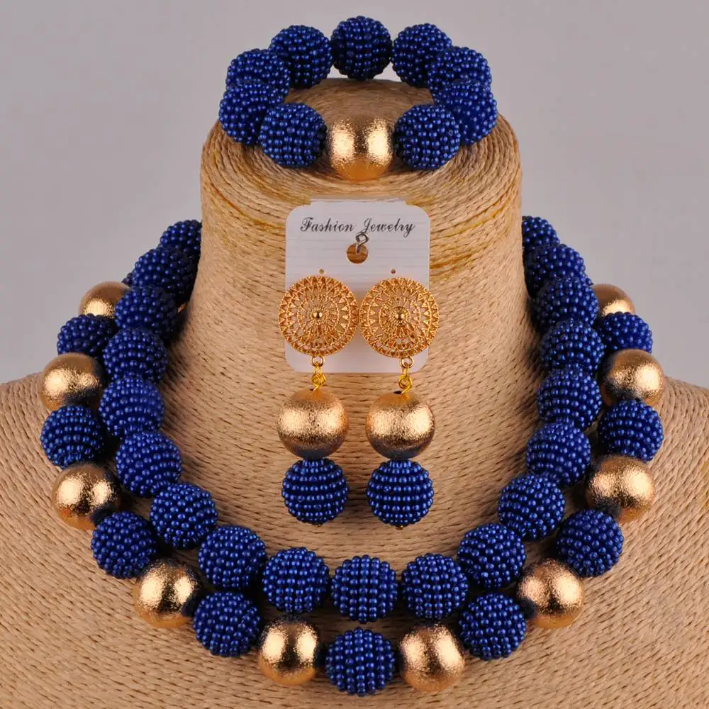 

royal blue costume necklace african jewelry set simulated pearl nigerian wedding beads set FZZ72