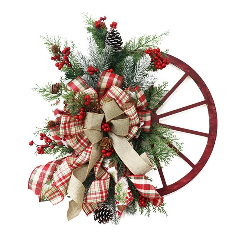 

Винтажный венок для фермерского дома, Рождественский венок, красное колесо, зимний декоративный венок для входной двери, праздничный венок