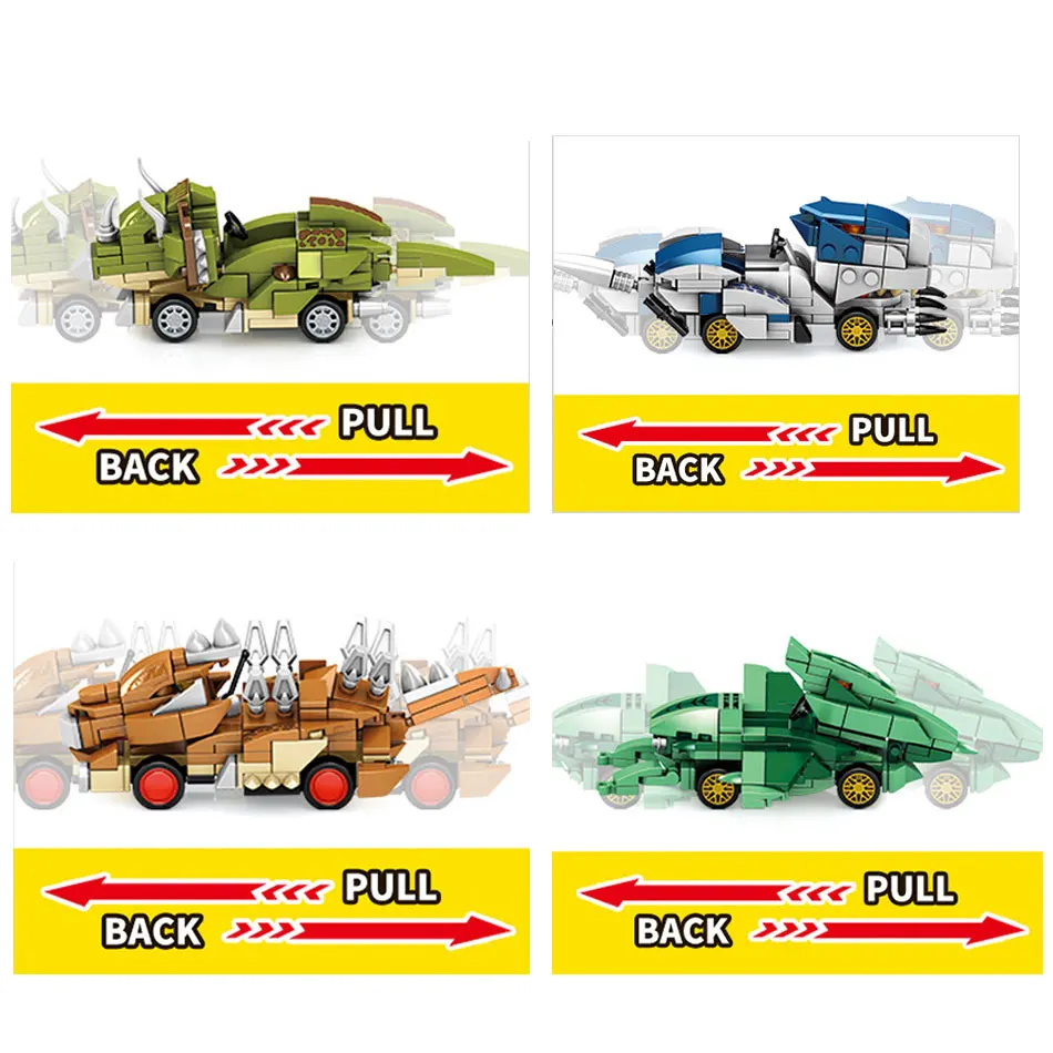 

4Pcs/Set Jurassic Dinosaur Pull Back Car Building Blocks Creator Vehicle World Bricks Educational Toys For Children