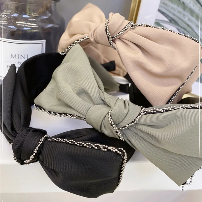 

Solid Color Beaded Bow Hairband Hair Accessories Simple Broadside Knot Headbands for Women Korea Girls Wide Side Hair Hoop Bands