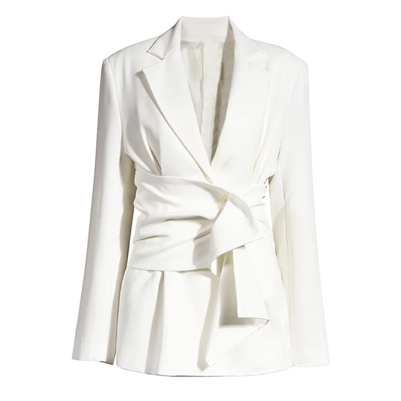 

Suit women's internet celebrity same Style 2020 Autumn new artistic niche design buckle belt pure white waist suit coat C211