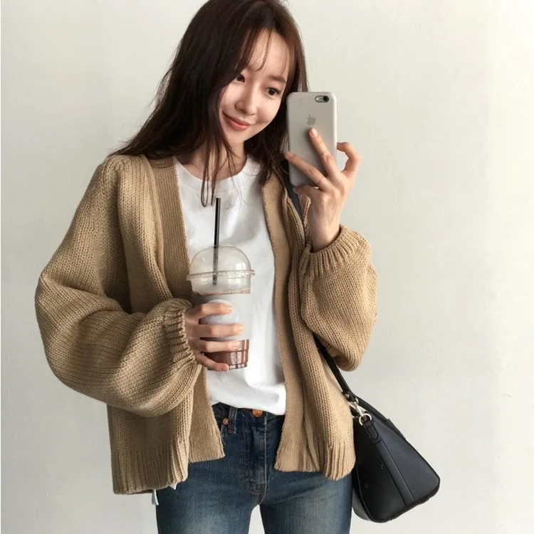 Женский вязаный свитер с рукавами летучая мышь кардиган хаки свободная верхняя