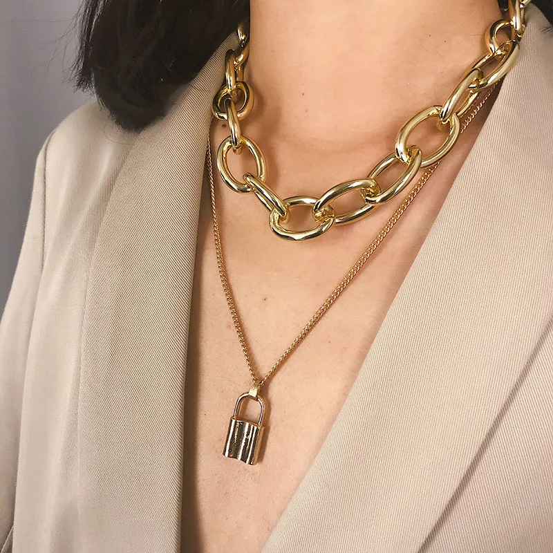 

Key Padlock Pendant Necklaces multi layer Lock Necklace heart link Chain On The Neck With Lock Punk Jewelry Mujer For Women Gift