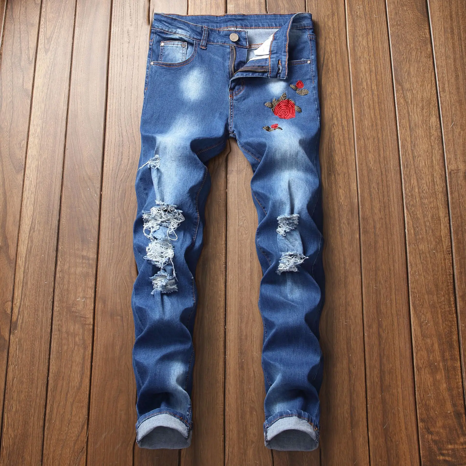 

Male Casual Ripped Embroidered Blue Jeans Slim Fit Fashion Trendy Men's Stretch Long Pantalones Mens Patchwork Winter Jean Pants