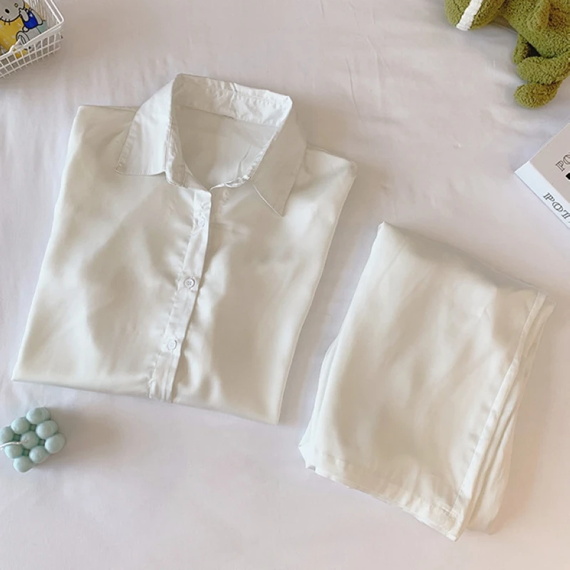

Pajamas women's spring and autumn long-sleeved white loose lazy style thin ice silk pure color silk Korean home service suit