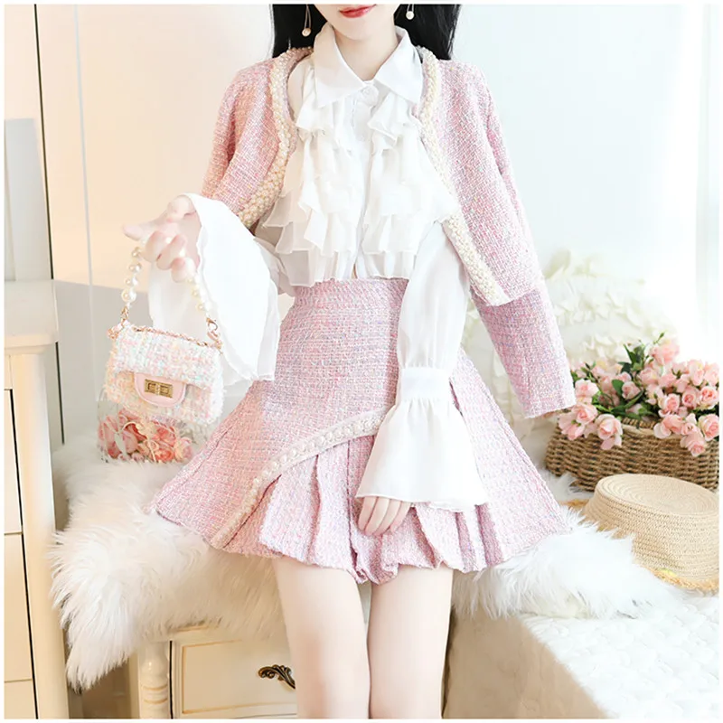 Твидовый комплект из двух предметов SWEETXUE короткая куртка расшитая бисером +