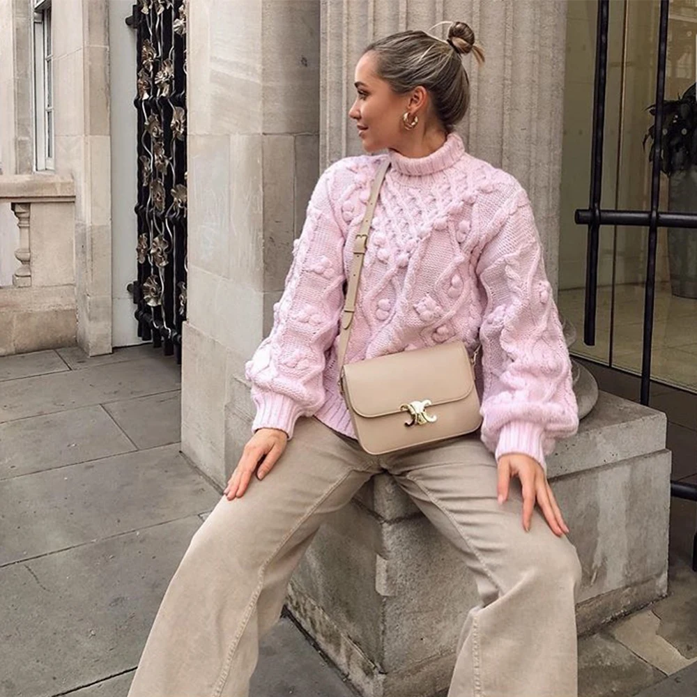 

Pop Fall Winter Women Knit Sweater High Neck Pompom Warm Thicken Chic Pink Women Sweaters Casual Vogue Pullover Tops