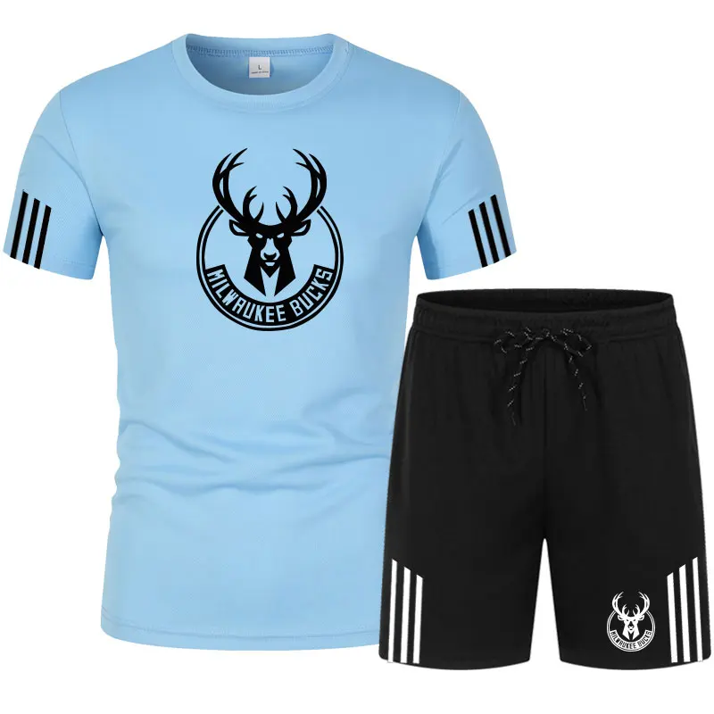 

2021 Summer Basketball Hot Event Bucks Printed Logo Breathable Sports T-shirt + Shorts Set Jogging Men's Sets Fitness Sportswear