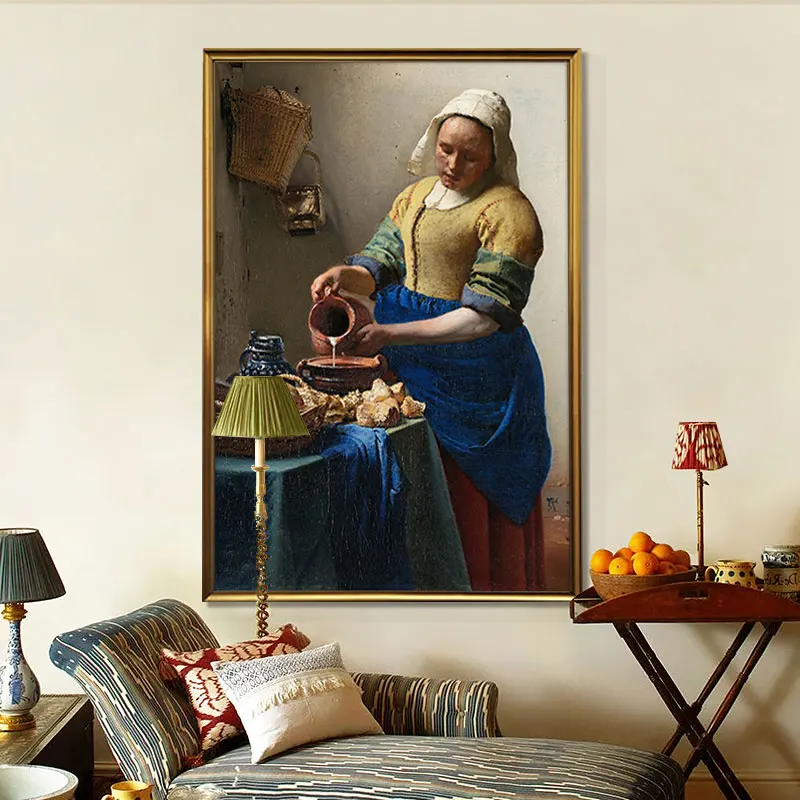 

The Milkmaid By Johannes Vermeer Woman Famous Oil Painting on Canvas Cuadros Posters and Prints Wall Art Picture for Living Room