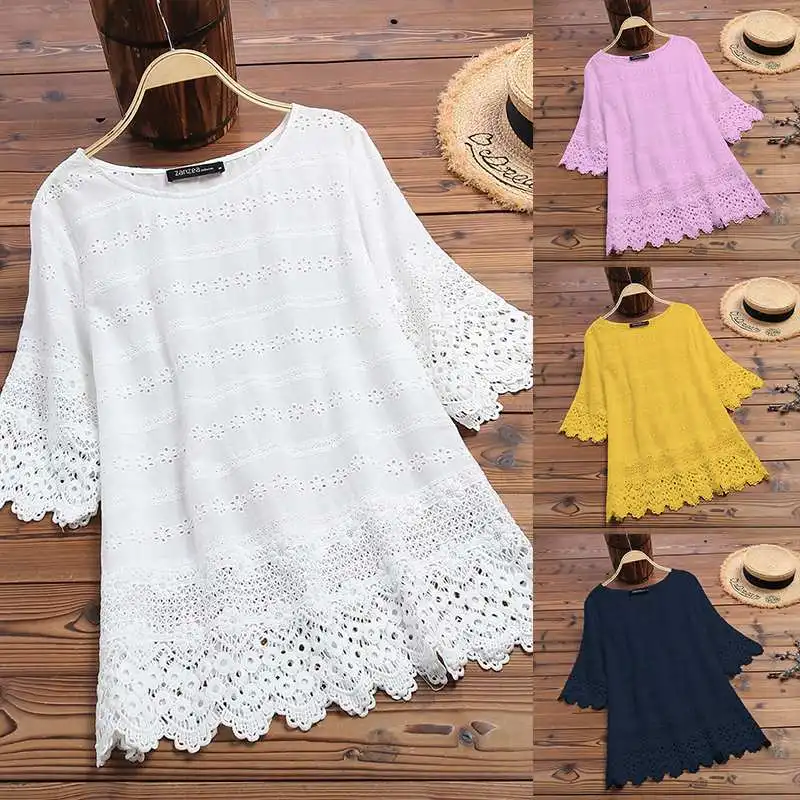Women's Embroidery Blouse 2022 ZANZEA Elegant Lace Tops Summer Hollow Blusas Female Long Sleeve Shirts Solid Tunic Plus Size |