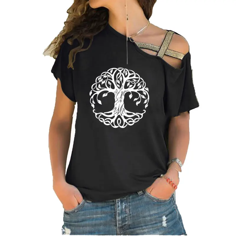 

Mandala Circle Trees T-Shirt Tree Women Loose Cotton Short Sleeve Female Irregular Skew Cross Bandage Tee Tops