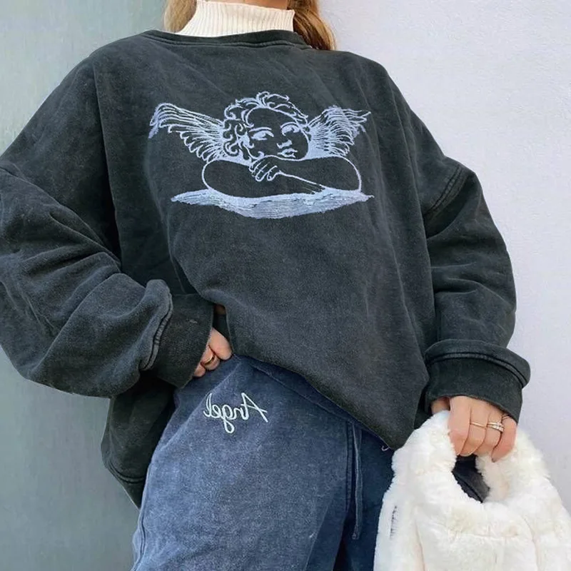 

O-Neck Graphic Hoodies Sweatshirts Vintage Women Winter Angel Pattern Pullovers Oversized Sweatshirt Female Korean Women Tops
