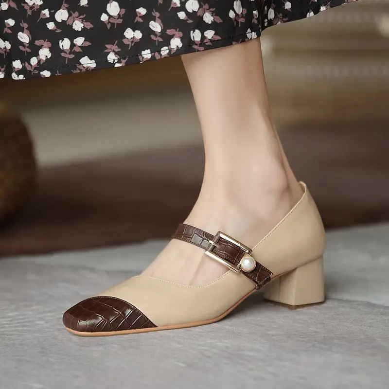 

ALLBITEFO FULL genuine leather thick heels party women shoes high quality women heels shoes office ladies shoes zapatos de mujer