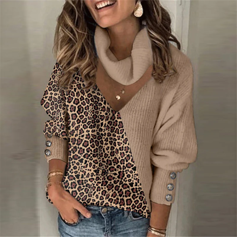 

Women Sweaters Knitted Leopard Patchwork Turtleneck Sweaters Pullover Spring Button Long Lantern Sleeve Loose Women Sweaters