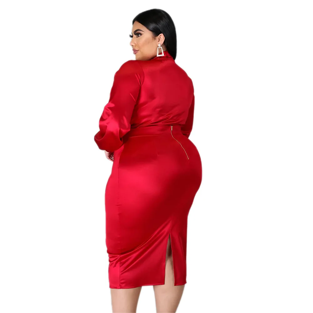 

2021 Newest Women Sexy Lapel Neck Party Skirt Set Plus Size Solid Fashion Lady Long Sleeve Shirt + Bodycon Skirt Mid Calf 2PCS