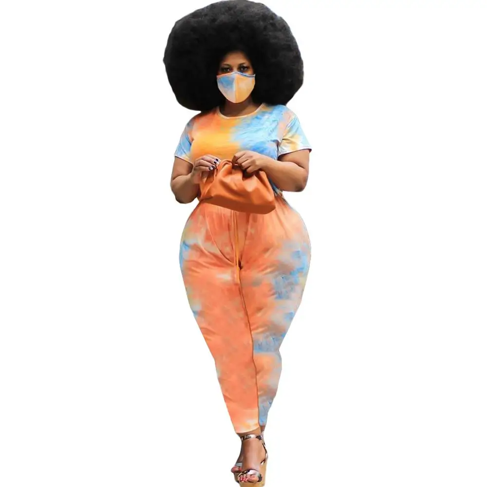 

Summer new casual tie-dye printed loose jumpsuit fashion plus size O-neck short-sleeved ladies T-shirt trousers