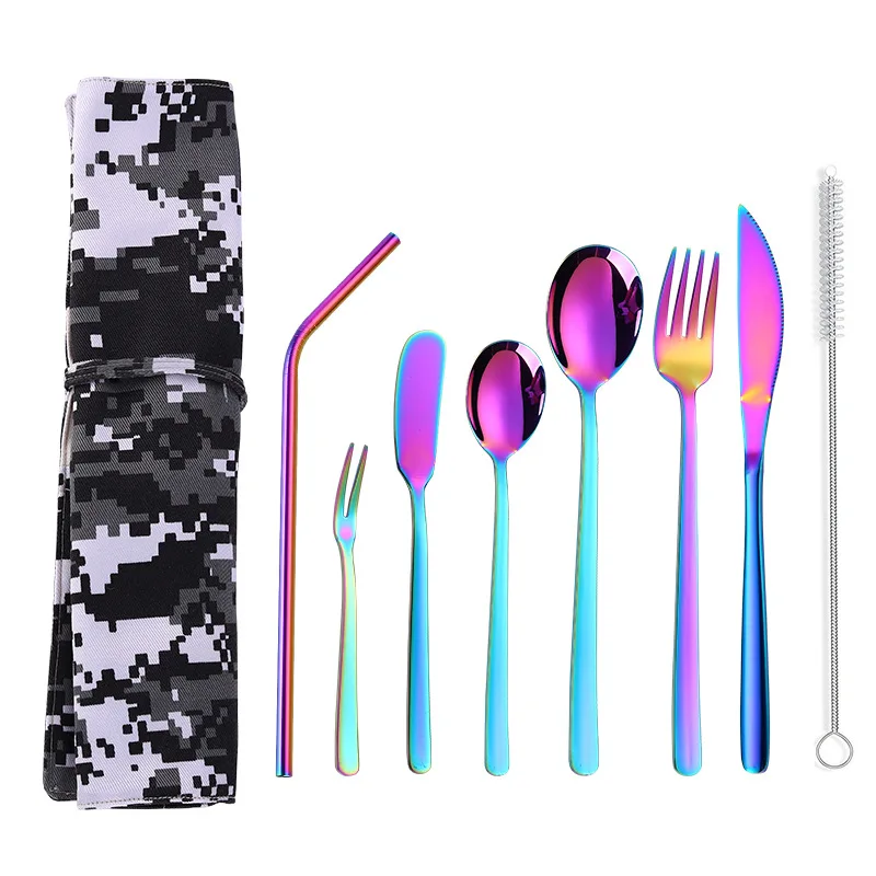 9 pcs rianbow Новинка, набор столовых приборов из нержавеющей стали, портативный набор столовых приборов, вилки для фруктов, столовые ножи, Набор Десертных ложек, металлическая соломинка, переносная сумка - Цвет: 9 pcs rianbow