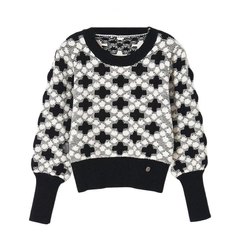 

Winter Clothes Women Fashion 2021 Thick Warm Color Block Floral Jacquard Acryle Knitted PUllover Sweaters Lady Jumper