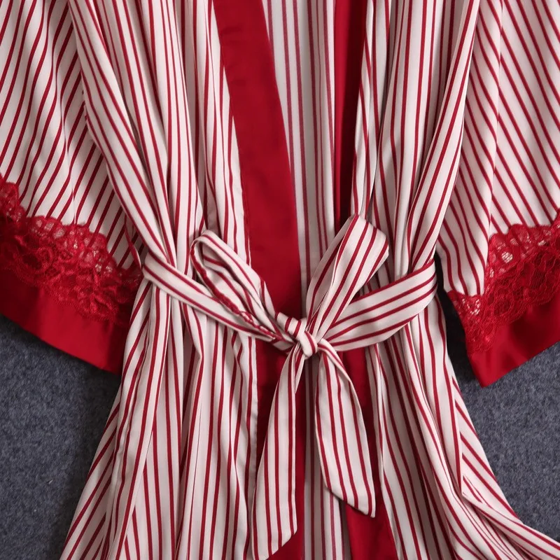 

Burgundy Women Pajamas Wedding Robe Set Sexy Lace Trim Sleepwear 3PCS Pijamas Suit Loose Casual Bathrobe Silk Satin Home Clothes