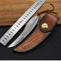 creativi damascus steel knife fixed blade outdoor knife 3d engraved feather pattern with holster high end gift collection knives