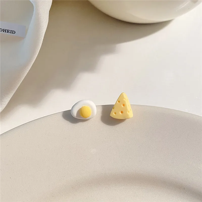 

Linmouge New Funny Cute Cartoon Earrings For Women Omelette Cheese Simple Japanese Style Small Asymmetric Female Jewelry EF46