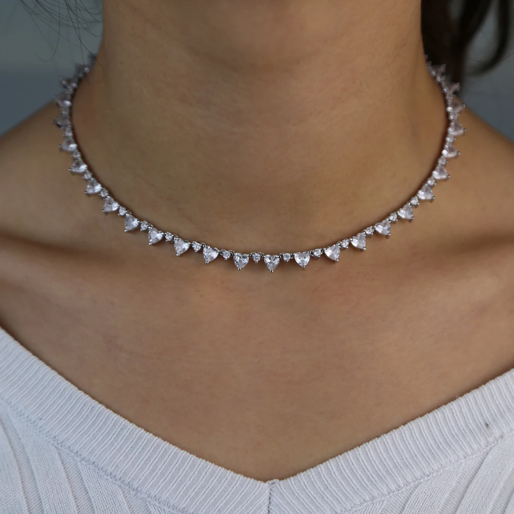 2021 Gold Silver Color Delicate Iced Out Sparking Bling White CZ Heart Link Chain Necklace For Girl Women Choker Fashion Jewelry | Украшения