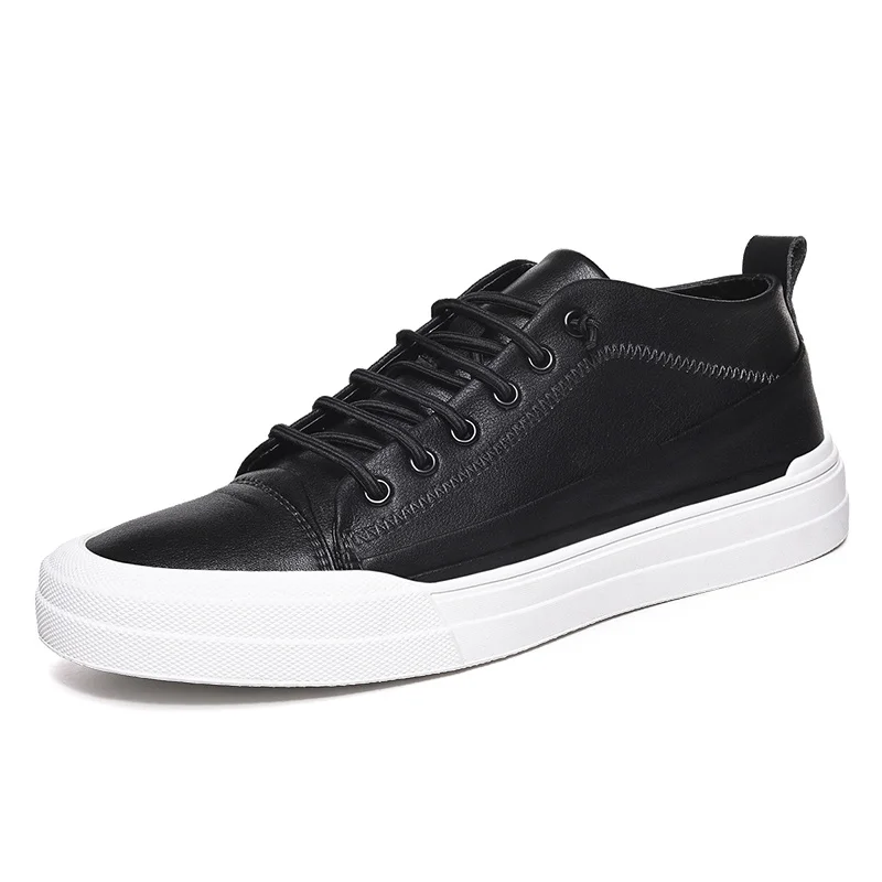 Мужские кожаные кроссовки черные повседневные на плоской подошве весна 2020 |