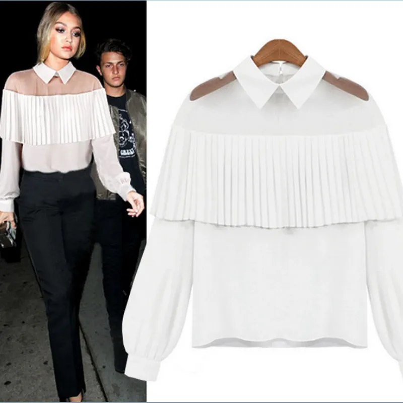 

Womens Blouse Tops Lartern Sleeve Mesh Sheer Spliced Ruffles Solid Color Shirt Fashion Casual Loose Chffion Tops Autumn Womens