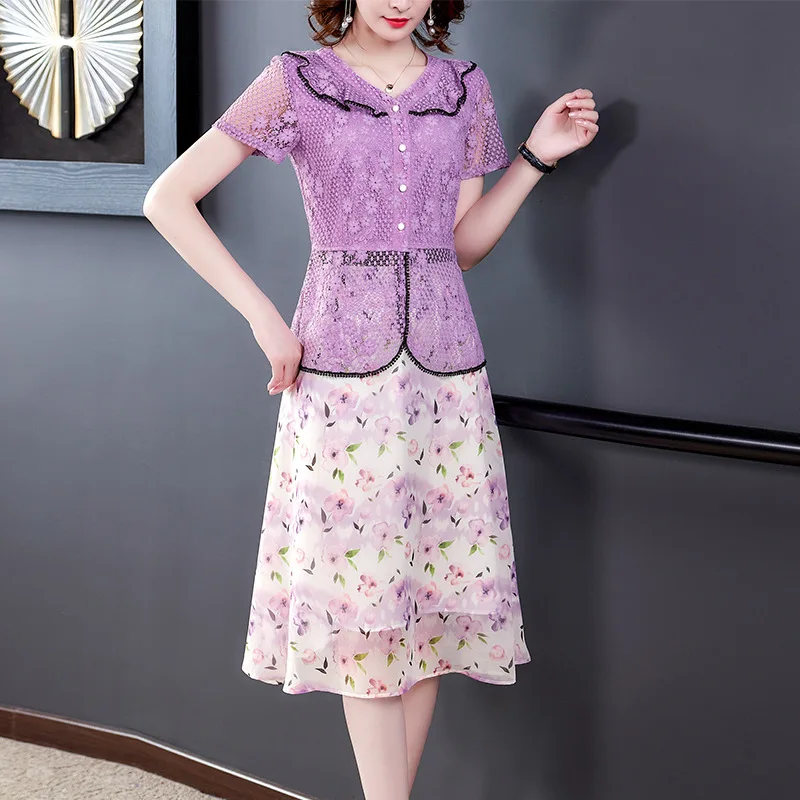 

Celebrity lace top Chiffon printed half two piece set 2020 summer new style suit
