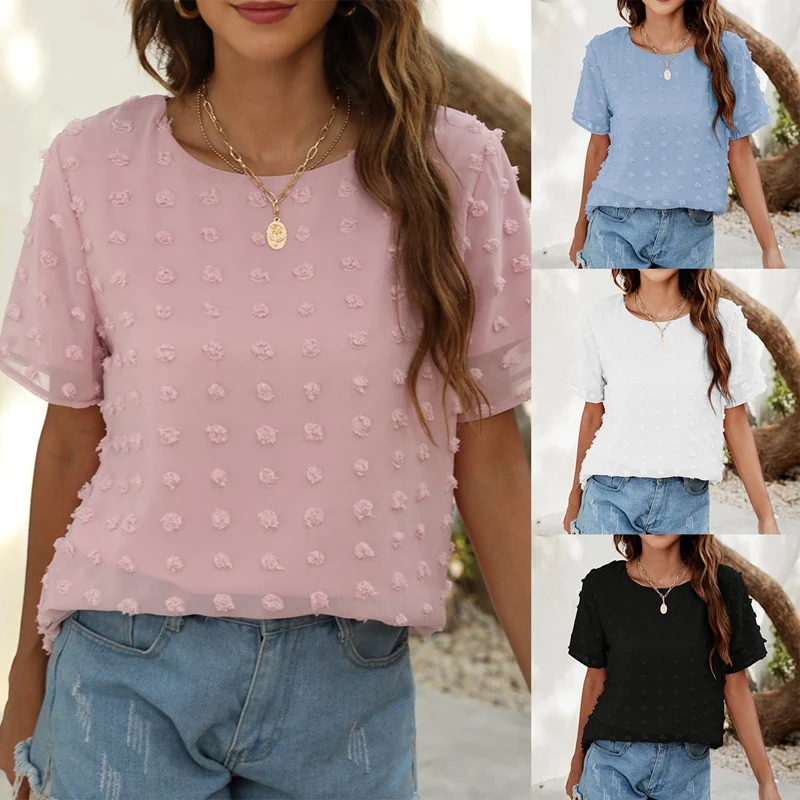 

Womens Chiffon Blouse Summer Casual Round Neck Short Sleeves Pom Shirts Tops
