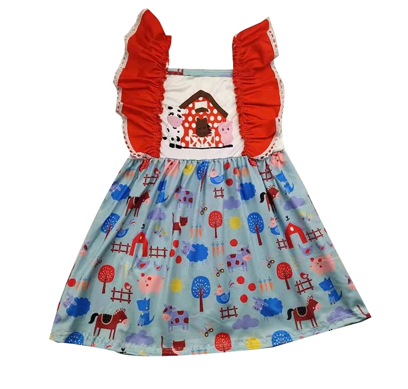 

new style hot sale girls fram animal dresses USA children red dress