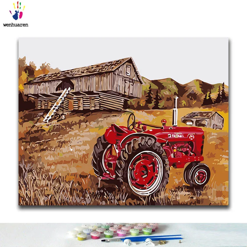 

DIY Coloring paint by numbers Car on the field road paintings by numbers with kits 40x50 framed