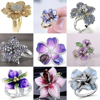 trendy multi style multi color zircon red princess cut crystal flower ring for women wedding party jewelry whole sale