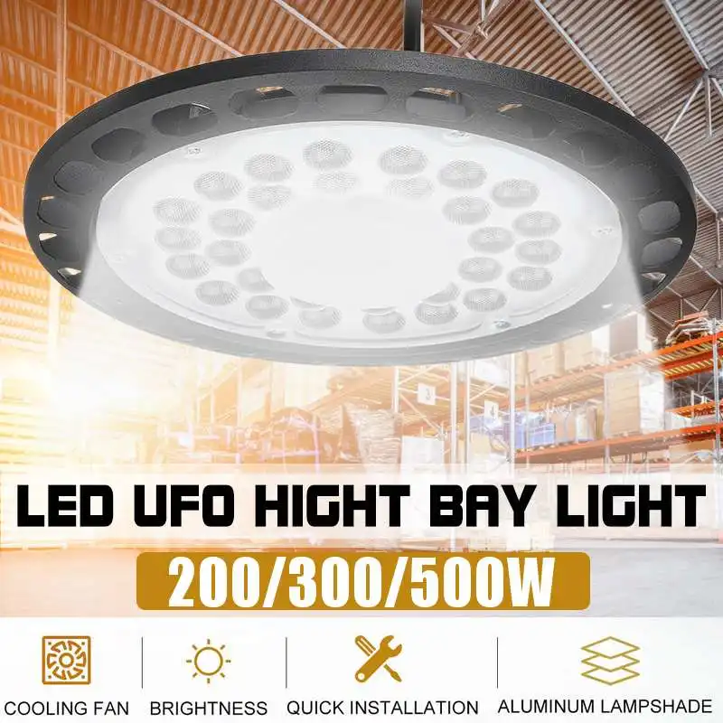 

200/300/500W LED Garage Light 180-260V IP65 UFO Industrial Lighting Warehouse Led High Bay Ceiling Light For Home Workshop Lamp