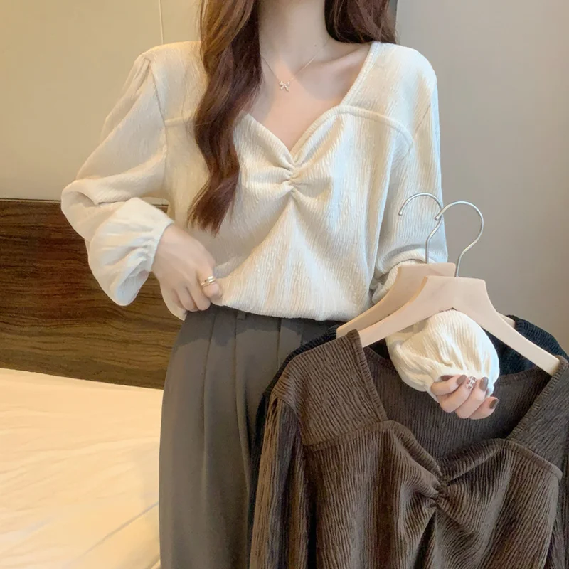 French Pleated Square Neck Long Sleeve Shirt Women's Clothing Spring Autumn 2021 Design Sense Short Chic Top Rac | Женская одежда