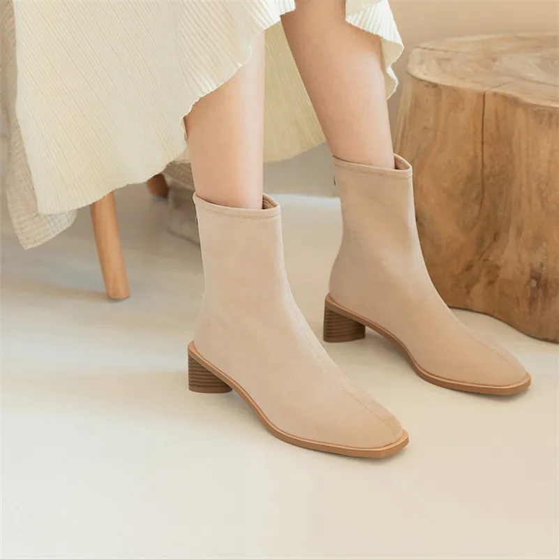 

ANNYMOLI Short Boots Women Shoes Zip High Heel Ankle Boots Square Toe Block Heels Female Footwear Apricot Autumn Black Size 43