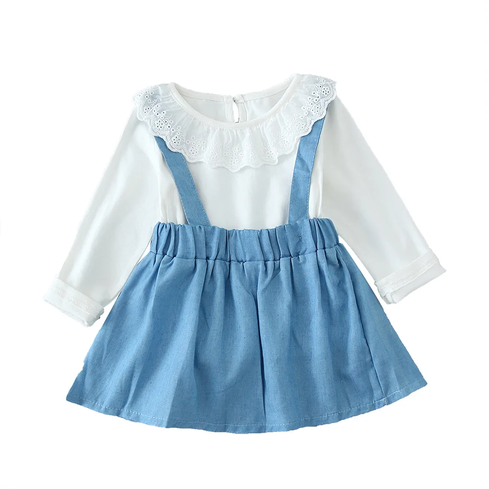 

Children's Suit 2020 Autumn New Girl's Suit Casual Cotton Lapel Long-sleeved T-shirt + Strap Skirt Two Girls Clothes