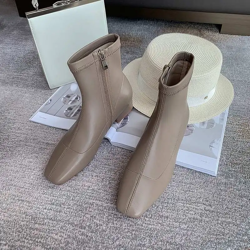 Beste Lenkisen Fashion Europese Stretch Lederen Vierkante Neus Lage Hakken Dagelijkse Slijtage Effen Rits Winter Warm Houden Vrouwen Enkellaarsjes L16