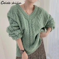 new green sweaters for women v neck fall 2021 clothing oversized long sleeve thicken warm knit jumper female autumn winter