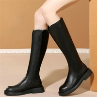 thigh high punk motorcycle boots women genuine leather low heel mid calf riding boots female winter warm round toe oxfords shoes