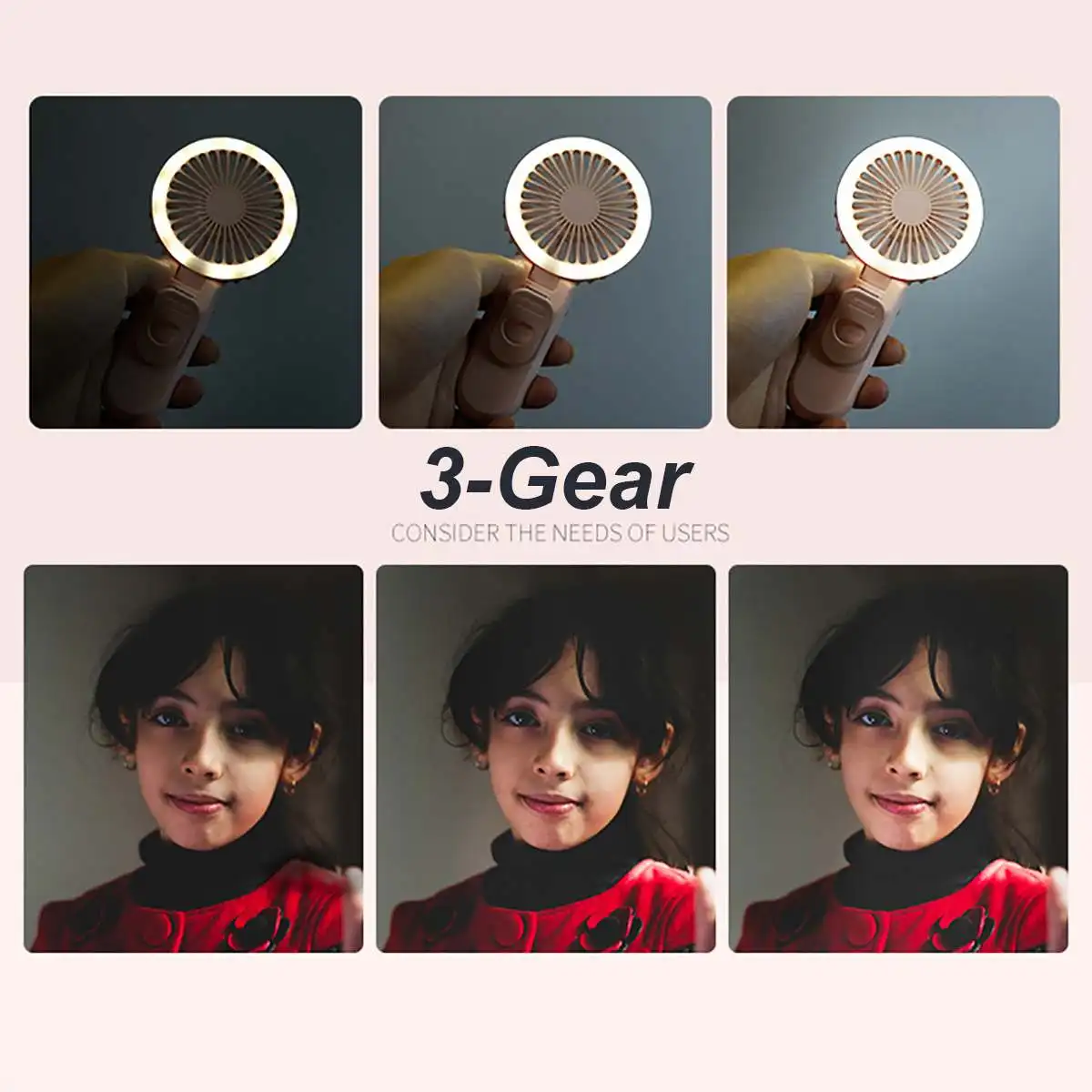 

Portable Summer Mini Folding Fan USB Rechargeable 3 Speed Outdoors Pocket Fans Air Cooling with Clip Hang LED Night Light