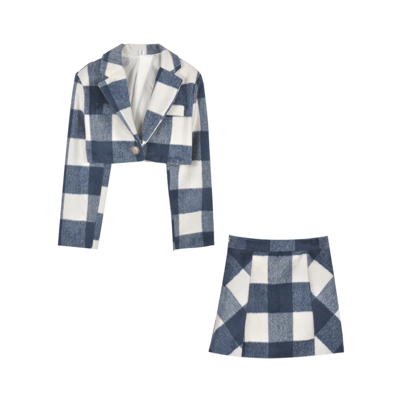 

Plaid woolen skirt suit female spring season new temperament Hong Kong style retro chic two-piece skirt