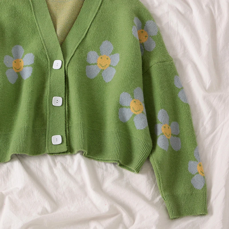 Vangull Preppy Style Flower Knit Cardigans Sweater Women V Neck Loose elegaht Thicked Pull Femme Print Short Casual Autumn Coat |