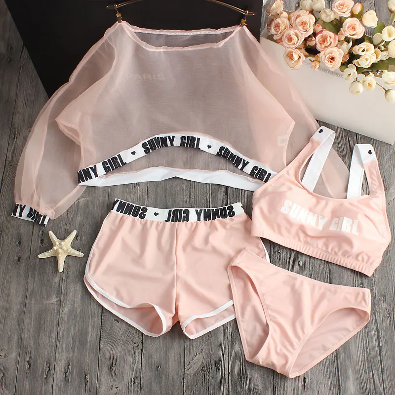 

2021 New Ladies Letter Print Swimwear Sexy Slim Cute Girls Four Pieces Bikinis Sets Shorts Swimsuit Bathing Suit Women Biquinis
