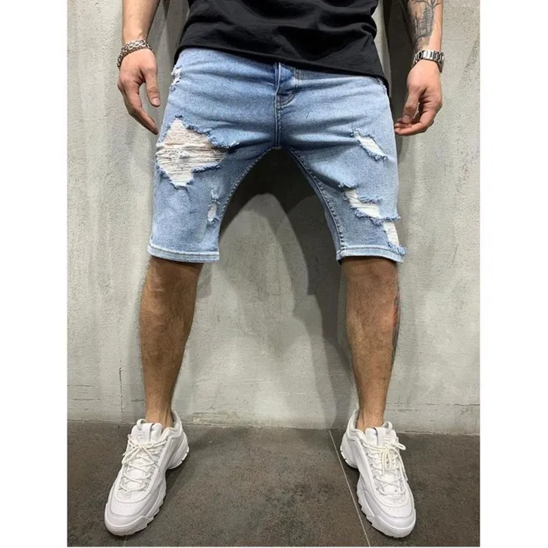 

Summer Men's Stretch Short Jeans Men's Casual Slim Fit High Quality Elastic Denim Shorts Fashion Badge Broken Hole Denim Shorts