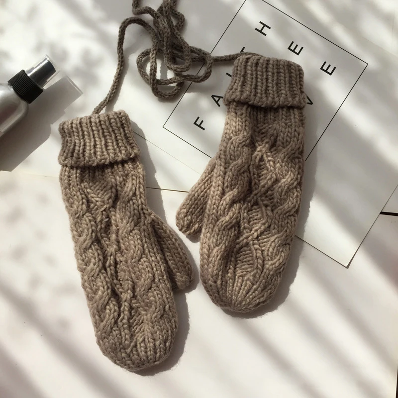 Женские однотонные шерстяные вязаные перчатки без пальцев на шее, зимние теплые утолщенные женские перчатки, милые варежки