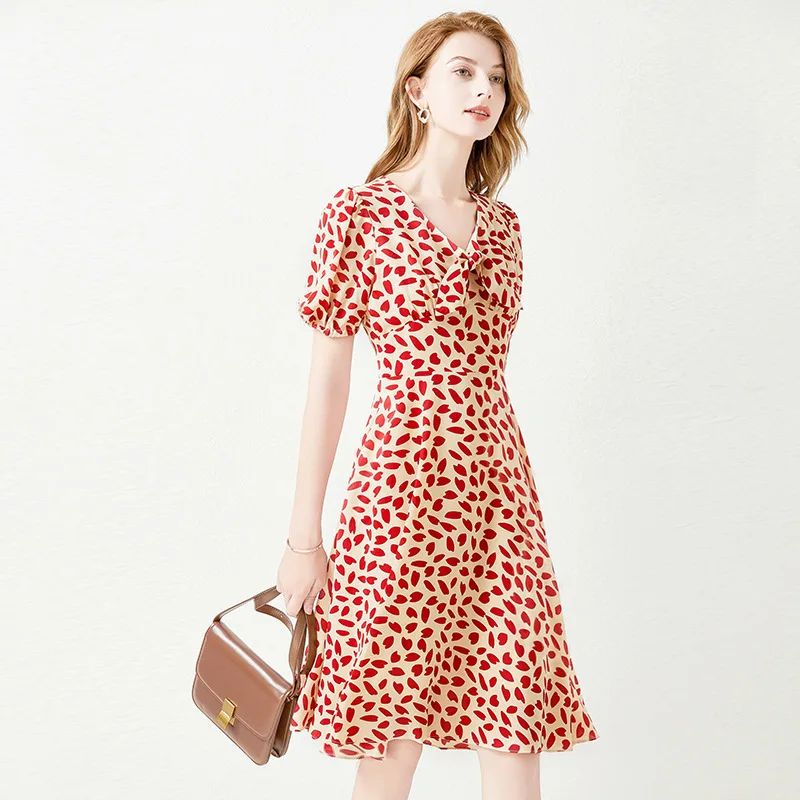 

Summer Runway Designer Party Dress Ladies High End Elegant A Line Women Dresses Office Short Sleeve V Neck Print Chiffon Dress